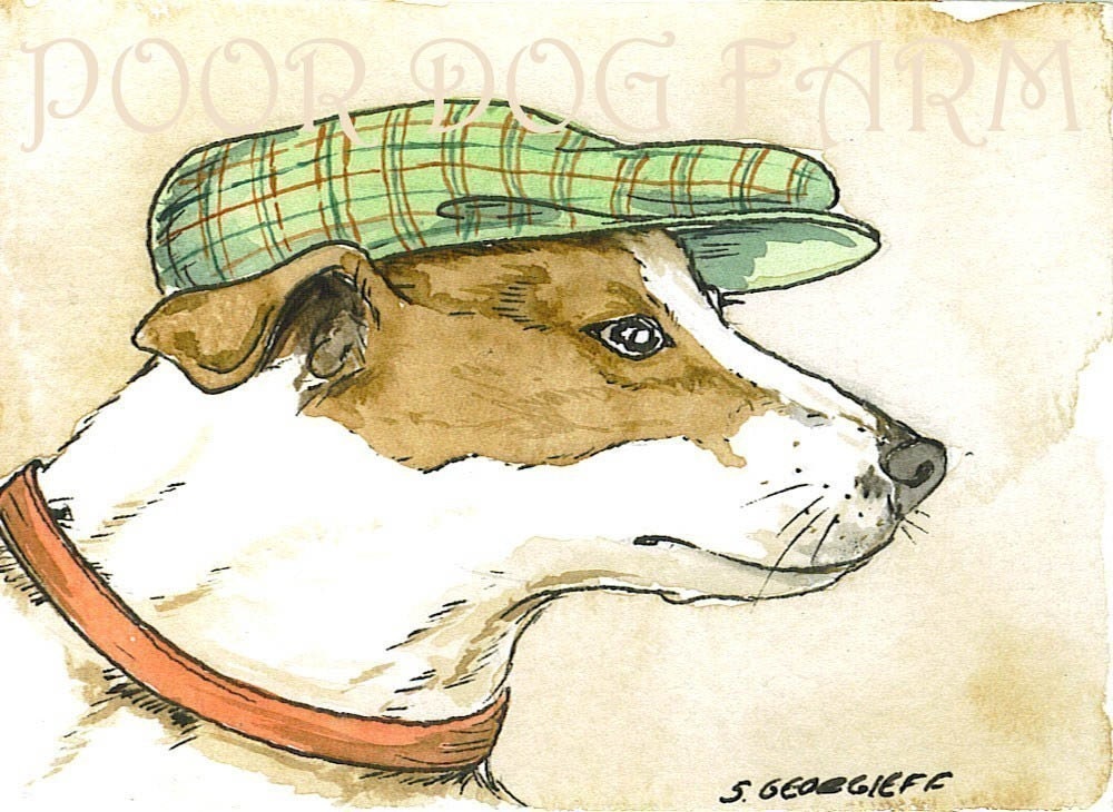 ACEO signed PRINT- Jack Russell in a hat 