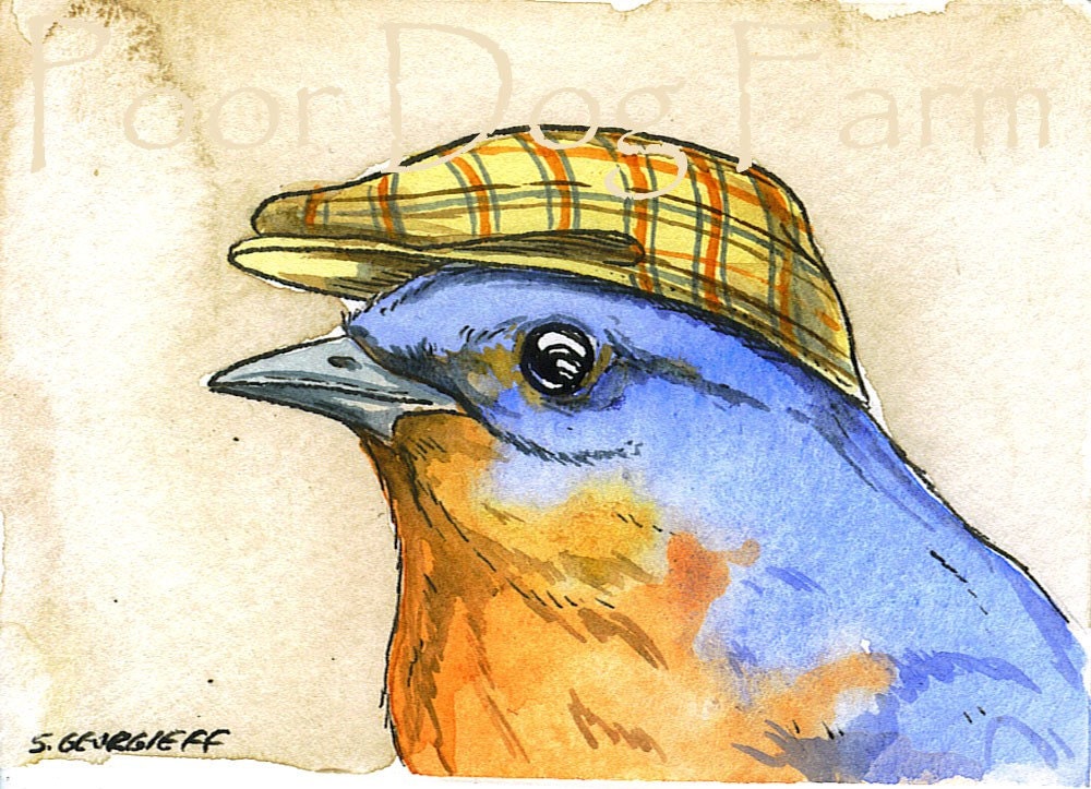 ACEO signed PRINT - Bluebird with hat-
