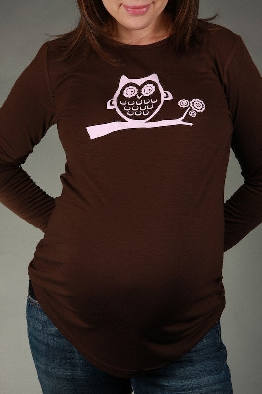 Watchful OWL.  Maternity Top Tee T-shirt Long-Sleeve Chocolate