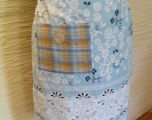 Skirt Upcycled Handmade Skirt Unique Clothing Womens Skirt Small Size 5 Plaid Pocket Blue Skirt Flowers Side Zipper Button