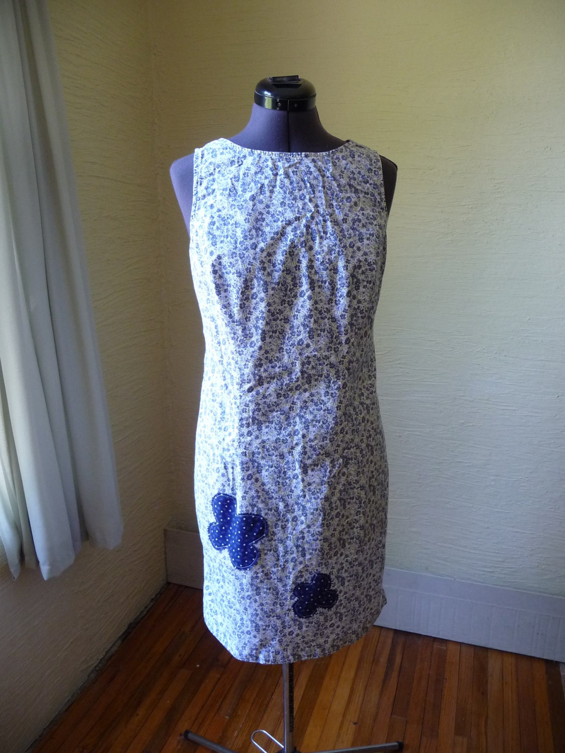 Flowered Dress Sleeveless Upcycled Dress Flowers Handmade Appliques Unique Clothing Cotton Dress Spring Summer Dress Recycled