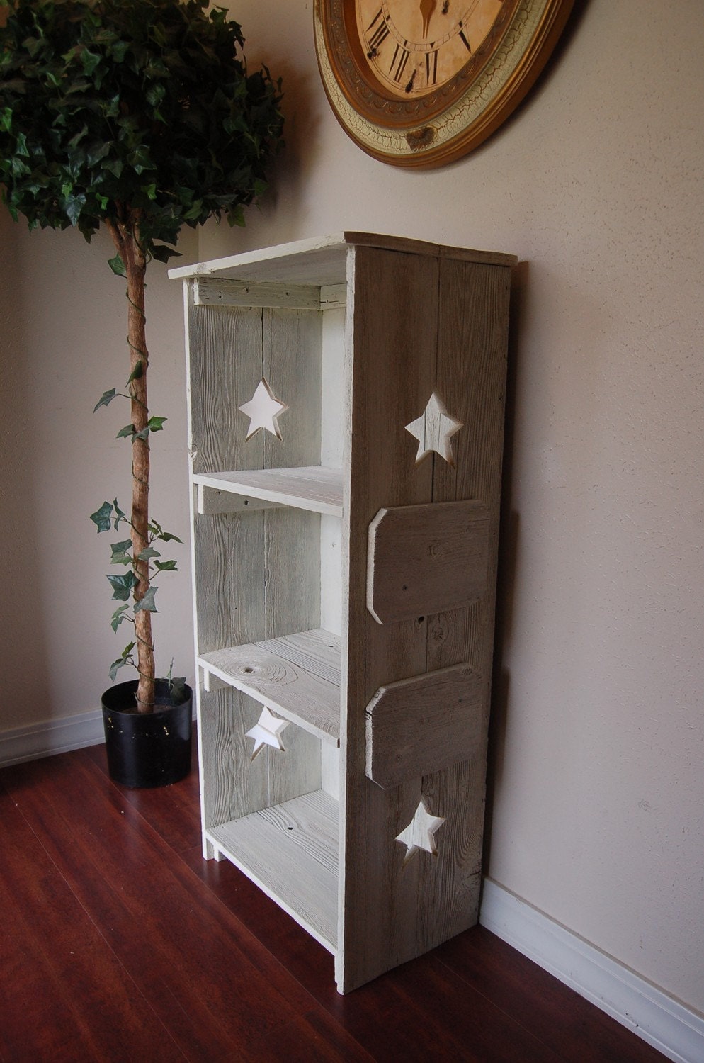 White Wood bookcase. ANY COLOR Wood Shelf. Star Bookcase. Star Shelf. Rustic Wood Furniture. Country Wood Bookcase. Primitive Bookcase.