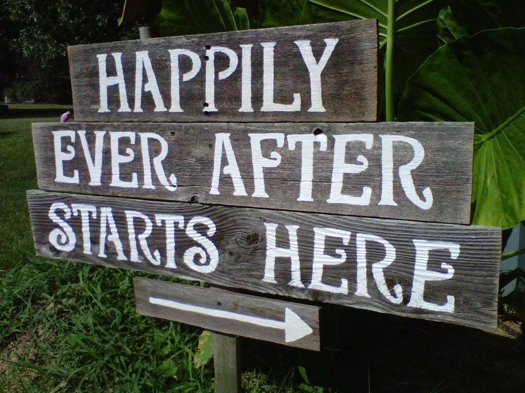 Rustic Wedding Signs LARGE FONT Recycled Wood. Happily Ever After Starts Here. With 1 stake. Directional Arrow
