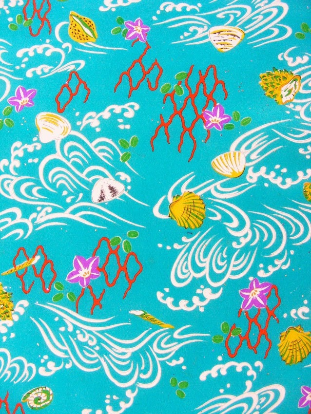 Vintage Japanese kimono fabric yardage Turquoise Seascape