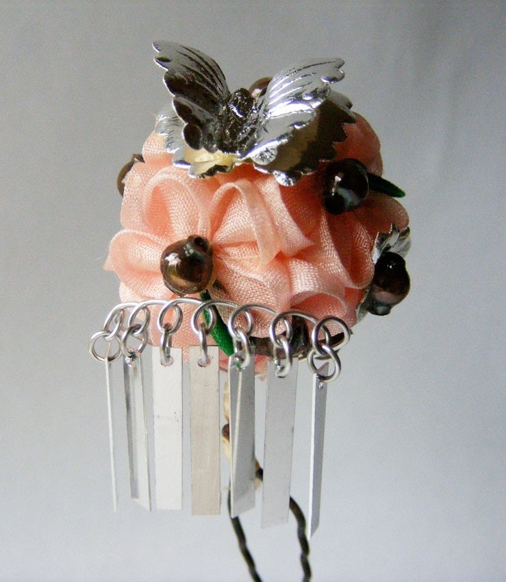 Vintage Japanese doll kanzashi hair ornament pink sakura and silver butterfly