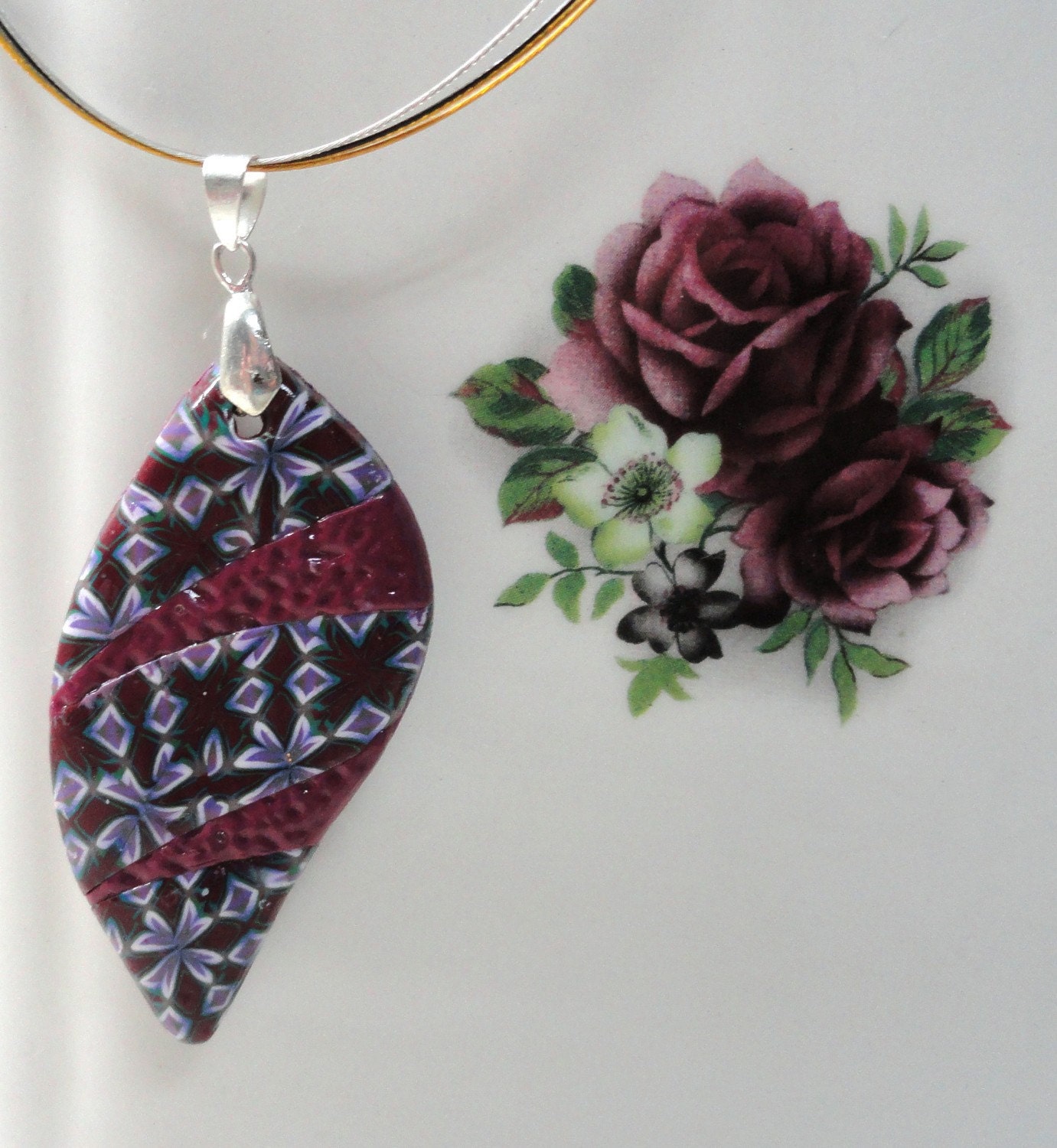 Jewelry necklace Pendant Handmade Polymer clay Leaf shape Bourdeaux , purple, pink by artefyk
