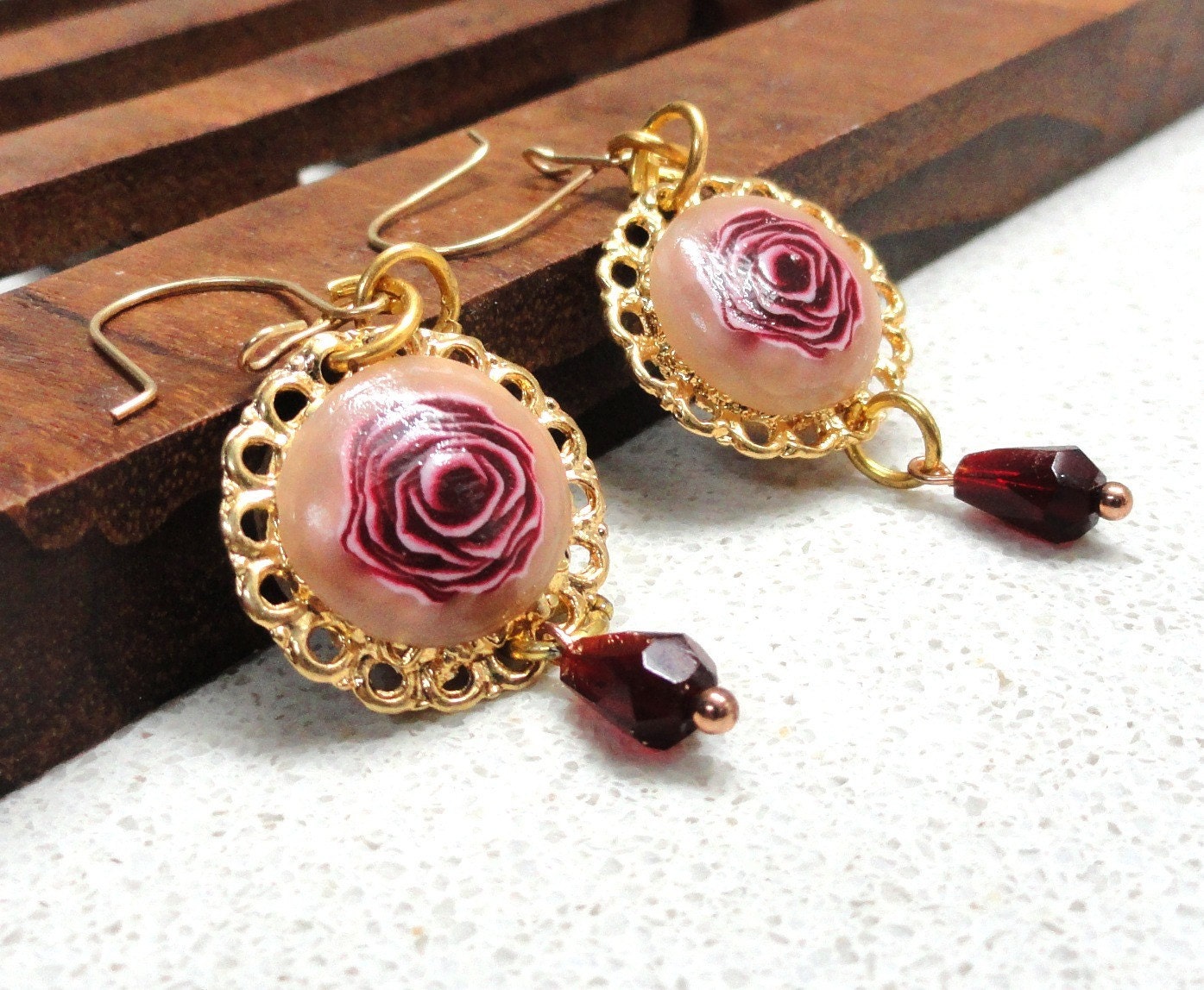 Jewelry earrings gift ideas handmade of polymer clay bourdeaux roses by Artefyk