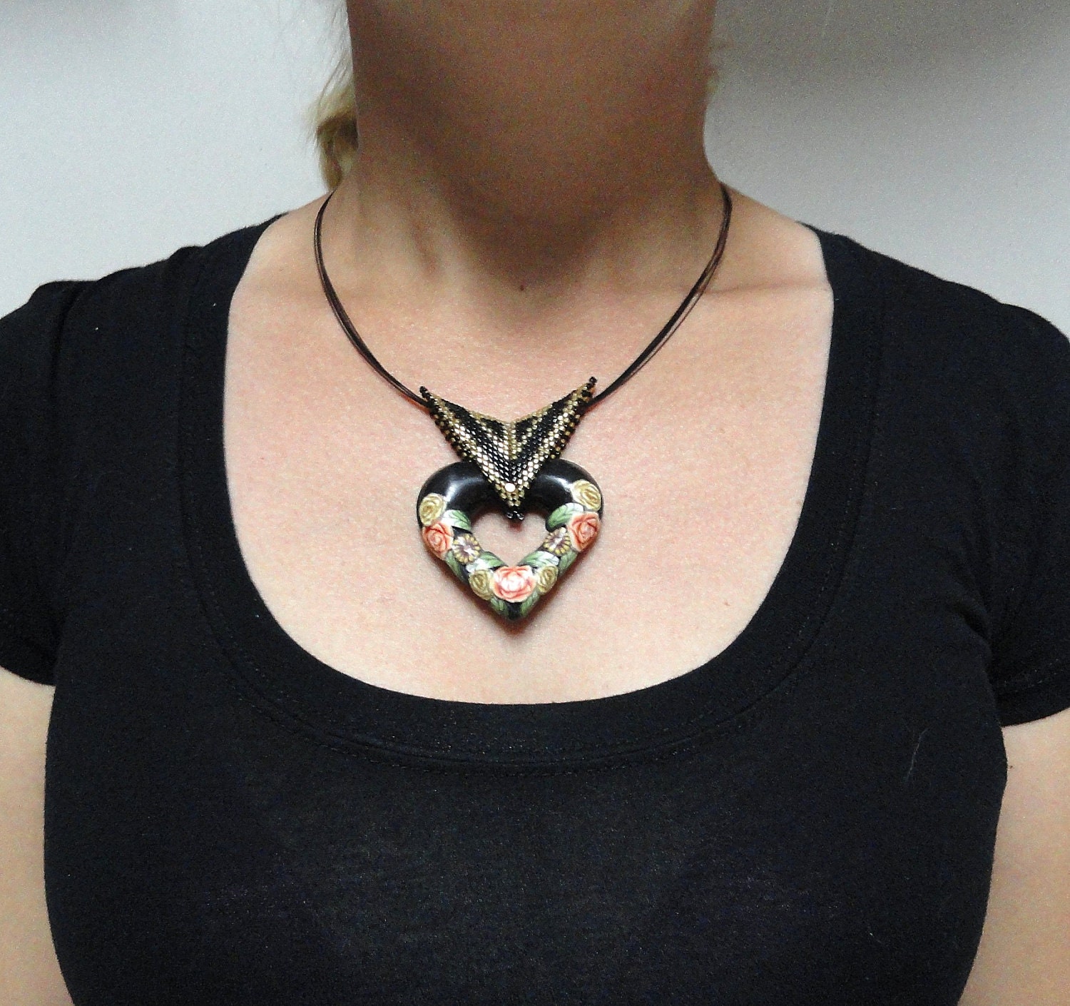 Jewelry necklace Handmade of polymer clay heart pendant with beaded bail by Artefyk