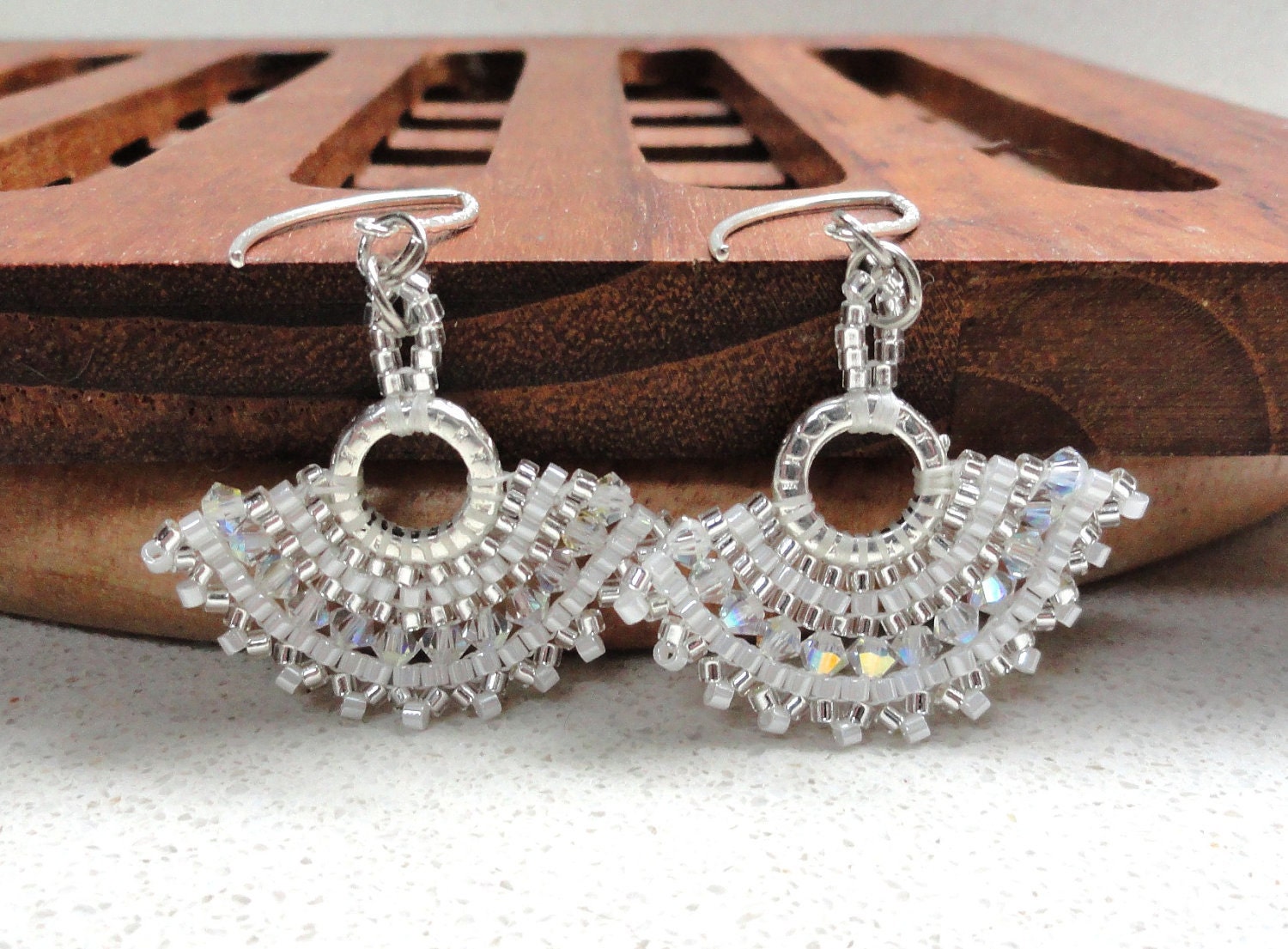 Bridal earrings handmade beadwork white OOAK by artefyk