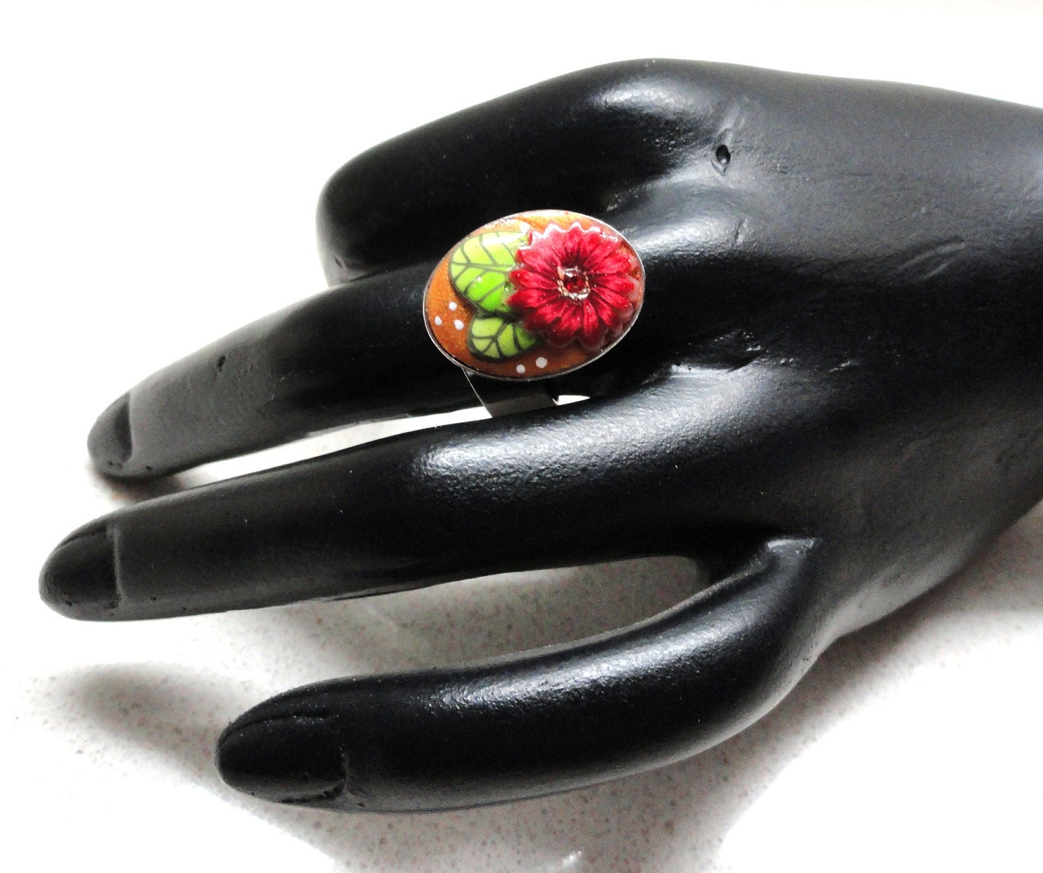 Ring Jewelry Adjustable oval ring  handmade polymer clay red gold green flower by Artefyk