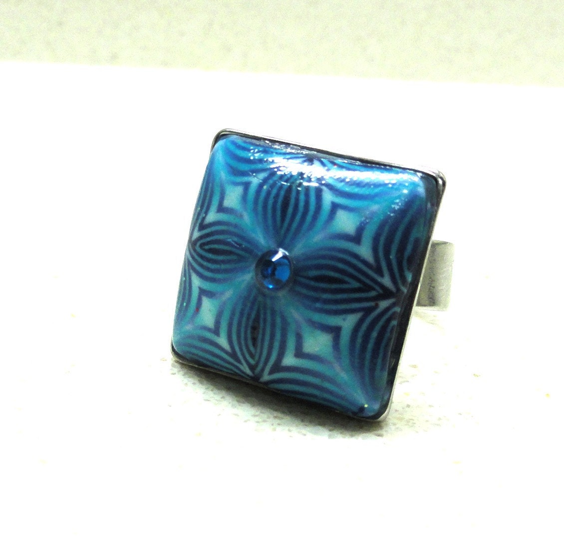 Jewelry ring Adjustable square ring handmade of polymer clay blue kaleidoscope by Artefyk