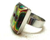 Jewelry ring Square adjustable ring handmade of polymer clay colorful flower by artefyk