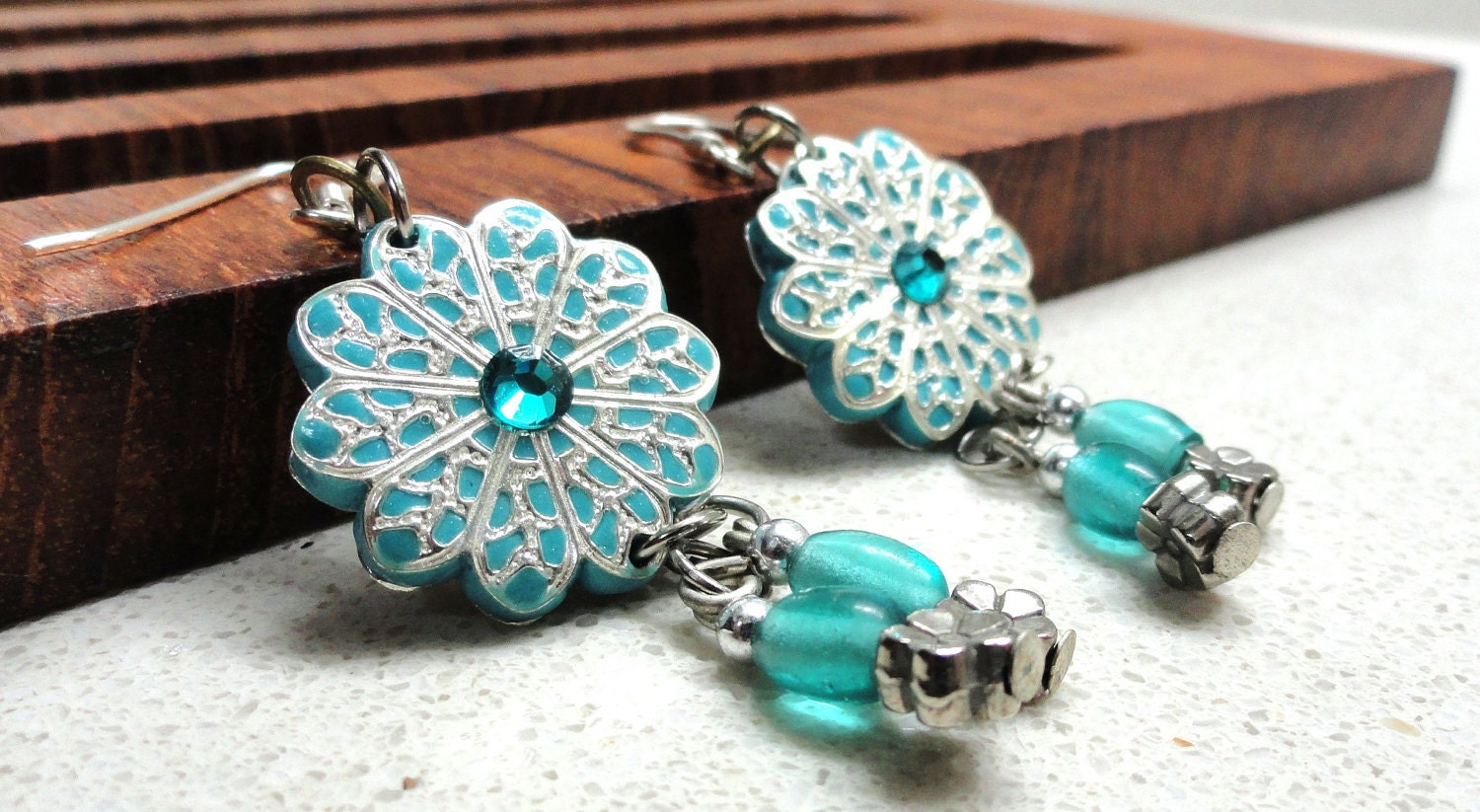 Jewelry Earrings handmade of turquoise polymer clay and silver filigree by artefyk