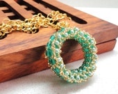 Jewelry necklace Beadwork pendant  handmade in gold turquoise teal  and green by artefyk