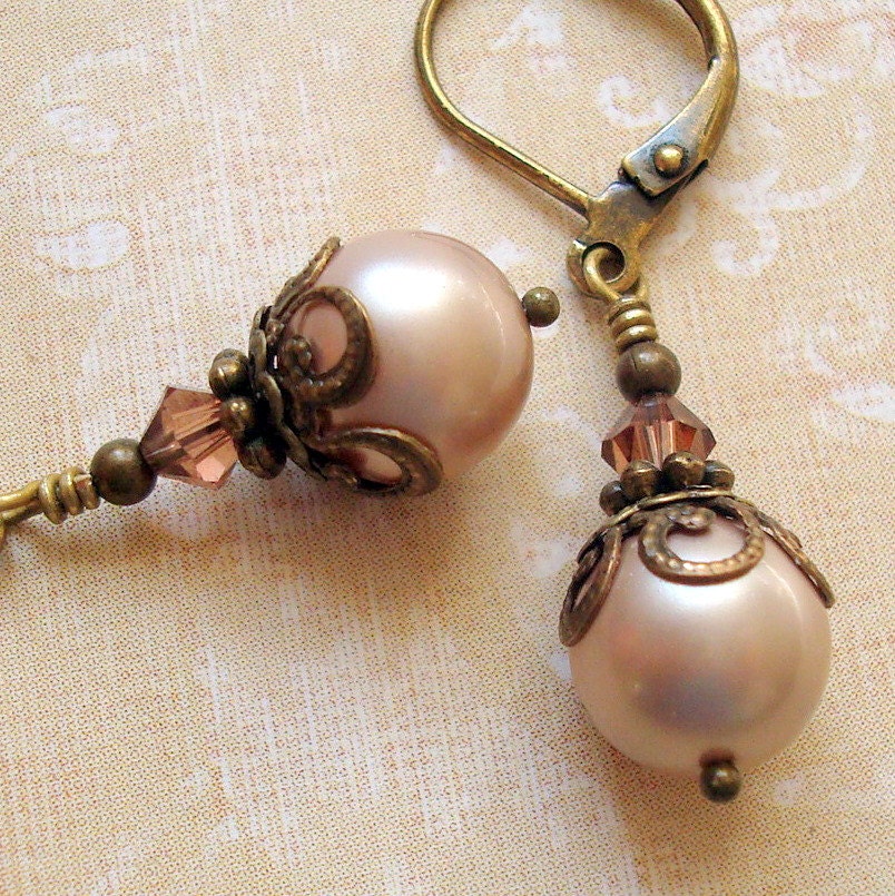 Pearl Earrings , Neo Victorian Jewelry , Antiqued Brass , Art Nouveau Style , Brass Earrings,  Powder Almond Swarovski Pearl