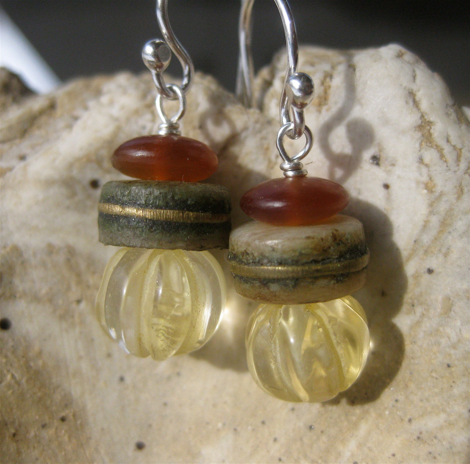 Tibetan Mala Bead Earrings with Carved Citrine and Horn