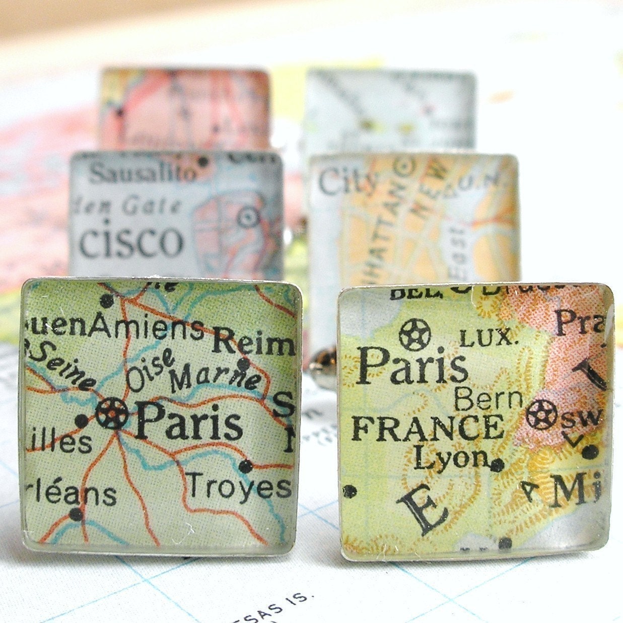 Vintage Map Sterling Silver Square Cufflinks. You Select the Journey.
