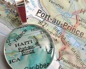 Vintage Map Sterling Silver Round Necklace.  Port-au-Prince Haiti.