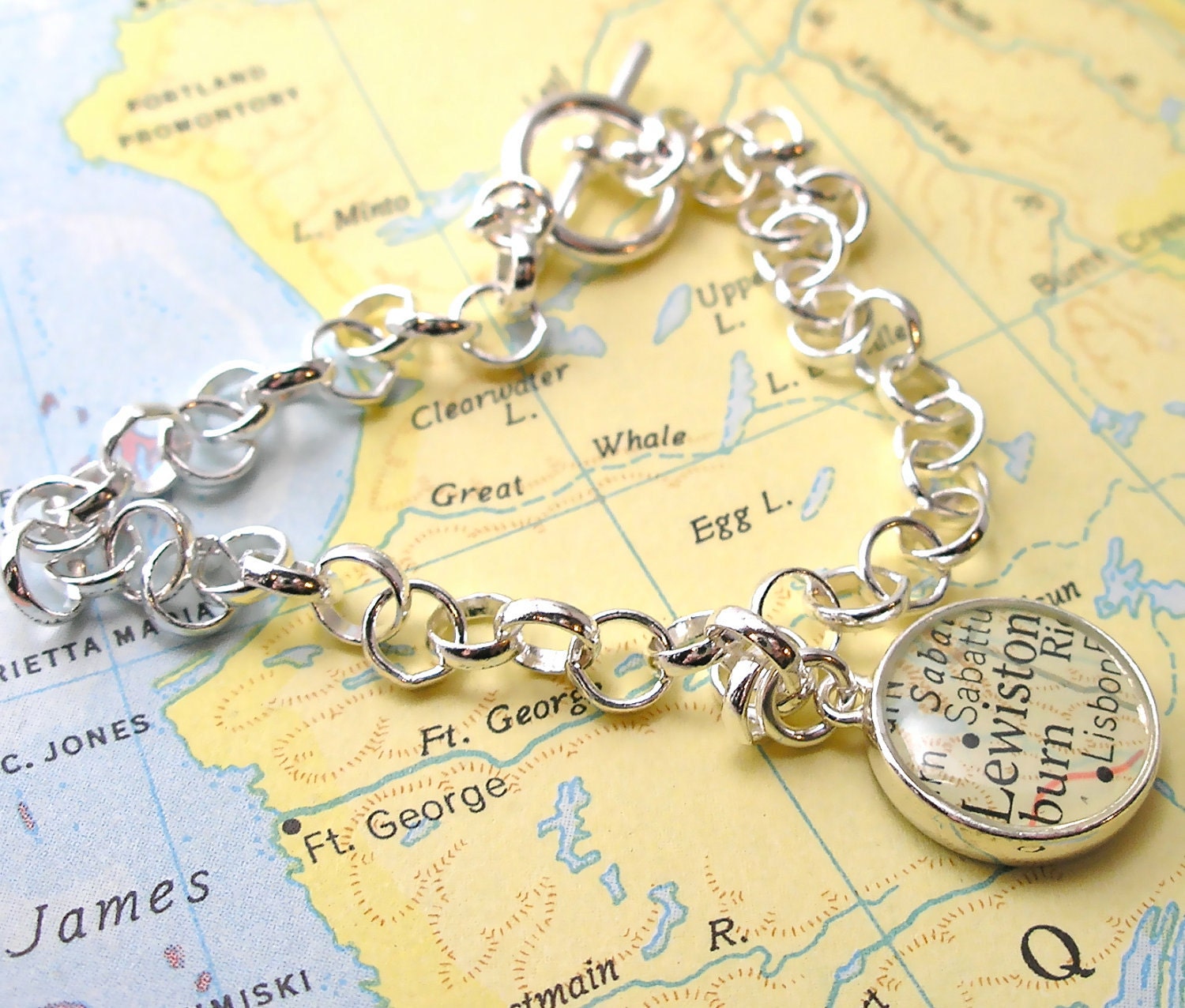 Double Sided Charm Vintage Map Toggle Sterling Silver Charm Bracelet.  You Select the Journey's.