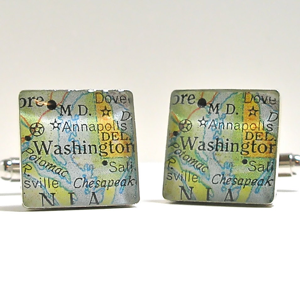Washington DC USA Map Sterling Silver Square Cufflinks.