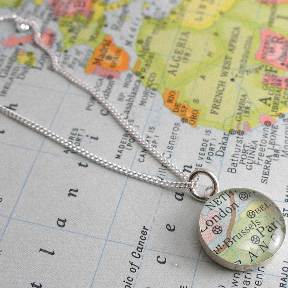 Petite Vintage Map Sterling Silver 16 inch Necklace.  You Select Journey.