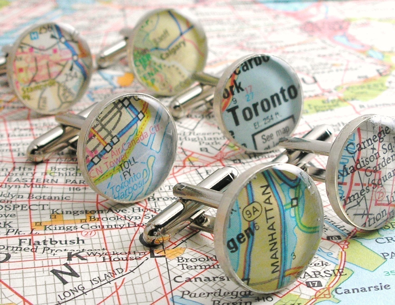 FALL SALE - 25 PERCENT SAVINGS - Vintage Map Sterling Silver Round Cufflinks. You Select the Journey.