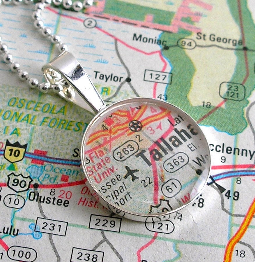 Florida State University Vintage Map Sterling Silver Round Necklace.