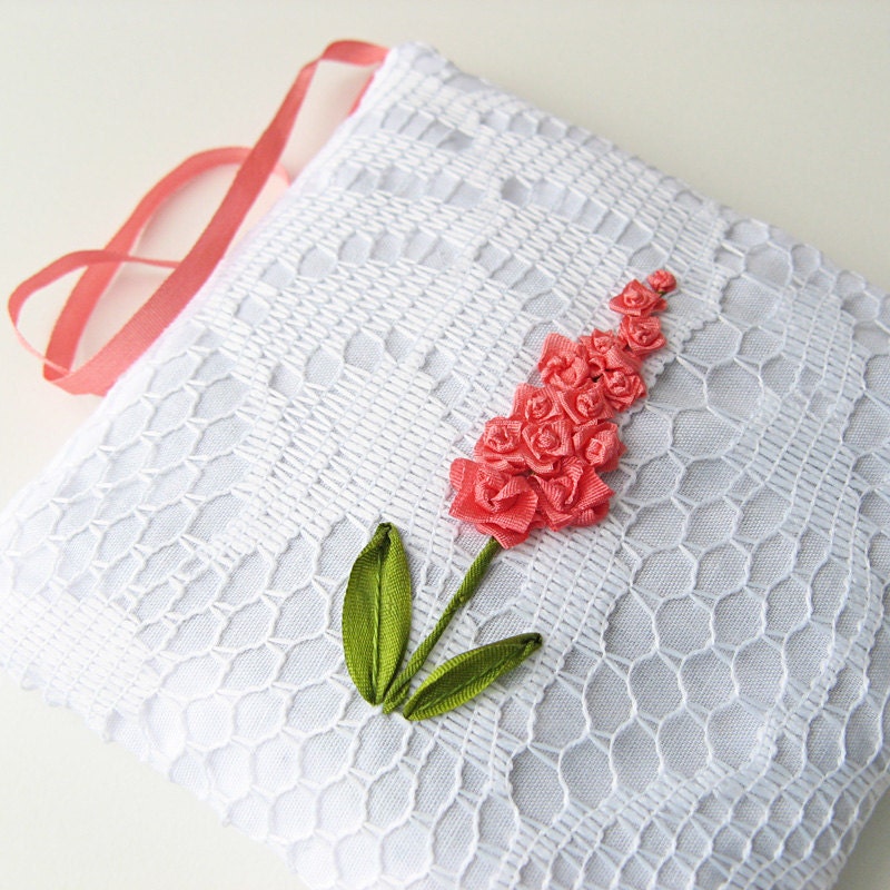 Lace Lavender Sachet with Orange Flowers hand embroidered silk ribbon embroidery