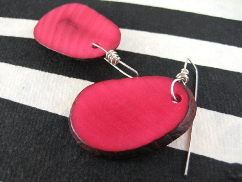 Red Tagua. Sliced Tagua nut and sterling earrings