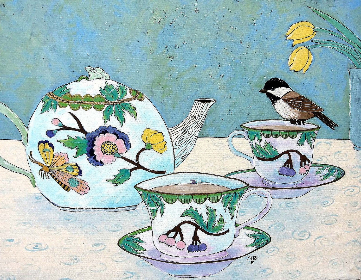 Archival Quality Print of Original Art Chicadee, Tea, Bird, Tea Pot, Tea Cup, Flowers, Butterfly - digiliodesigns