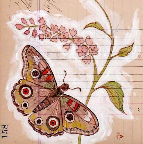 Butterfly Print Primitive Folk Art Butterflies Pale Pink Flower - digiliodesigns