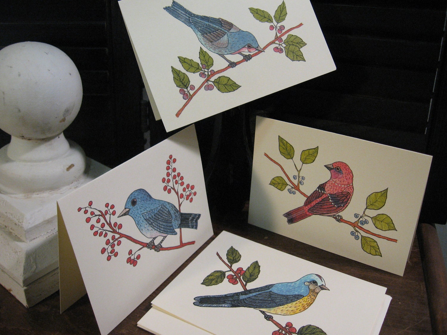 Note Cards Blank Set /4 Assorted Birds Watercolor and Pen and Ink