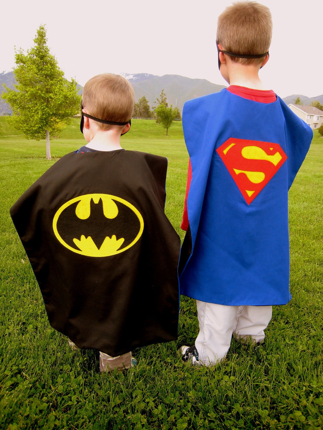 Reversible Superman Batman Super Hero Cape Boys Mask Costume BLUE