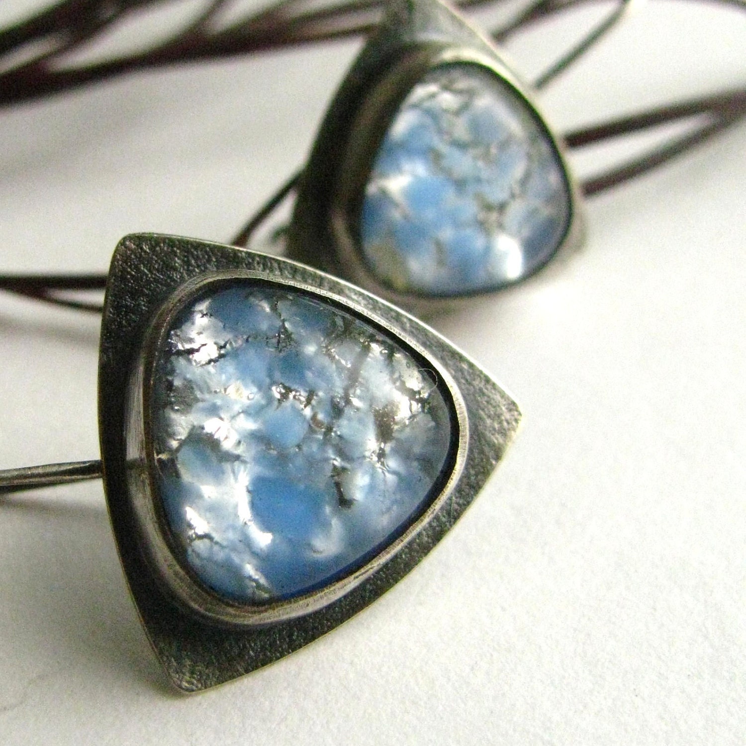 Handcrafted Earrings Modern Sterling Silver And Vintage Japanese Glass Blue Opal Cabochon Earrings Contemporary Jewelry
