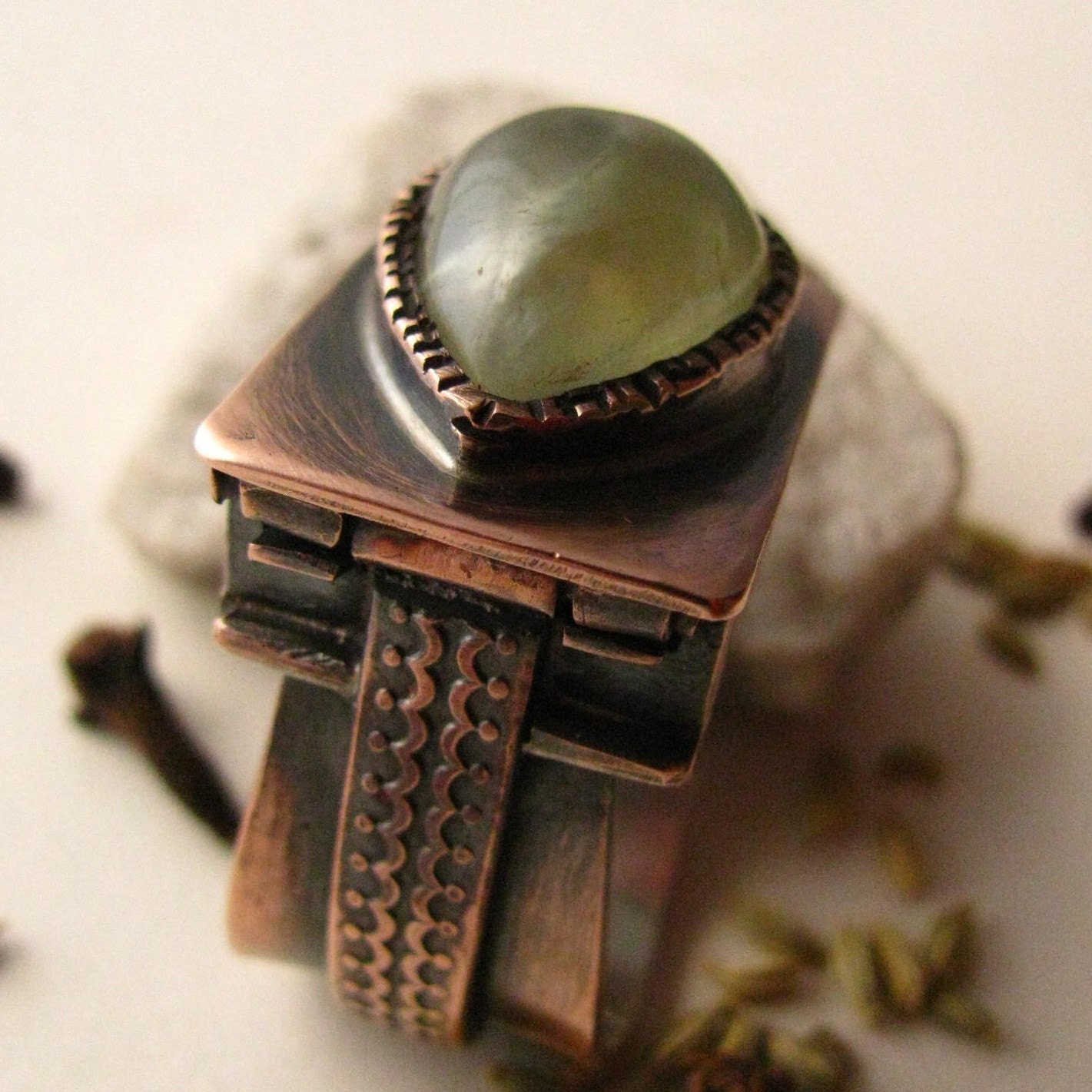 Copper, Fine Silver And Prehnite Ring - OOAK - Price Reduced - Poison Ring - Treasure Box Ring