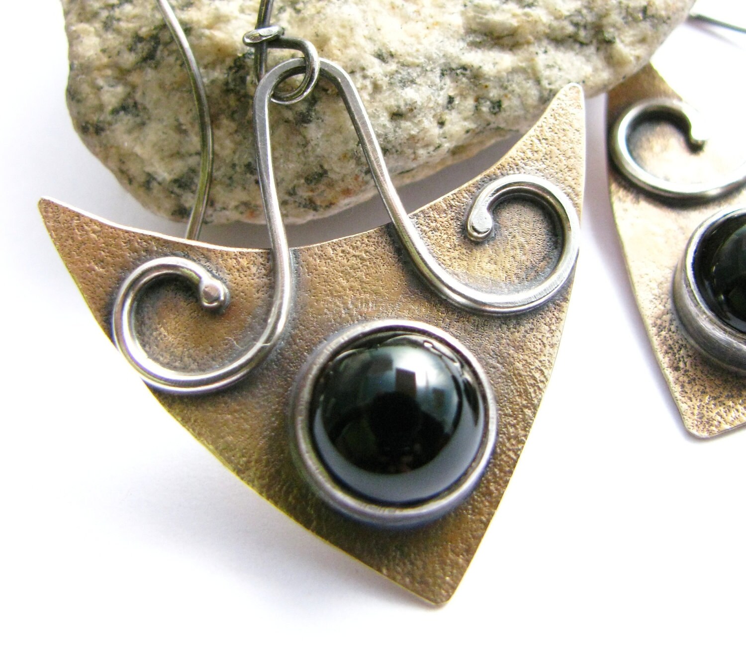 Black Onyx Earrings - Modern Tribal Earrings - Sterling Silver Bronze Contemporary Earrings - Mixed Metal Artisan Handcrafted Jewelry