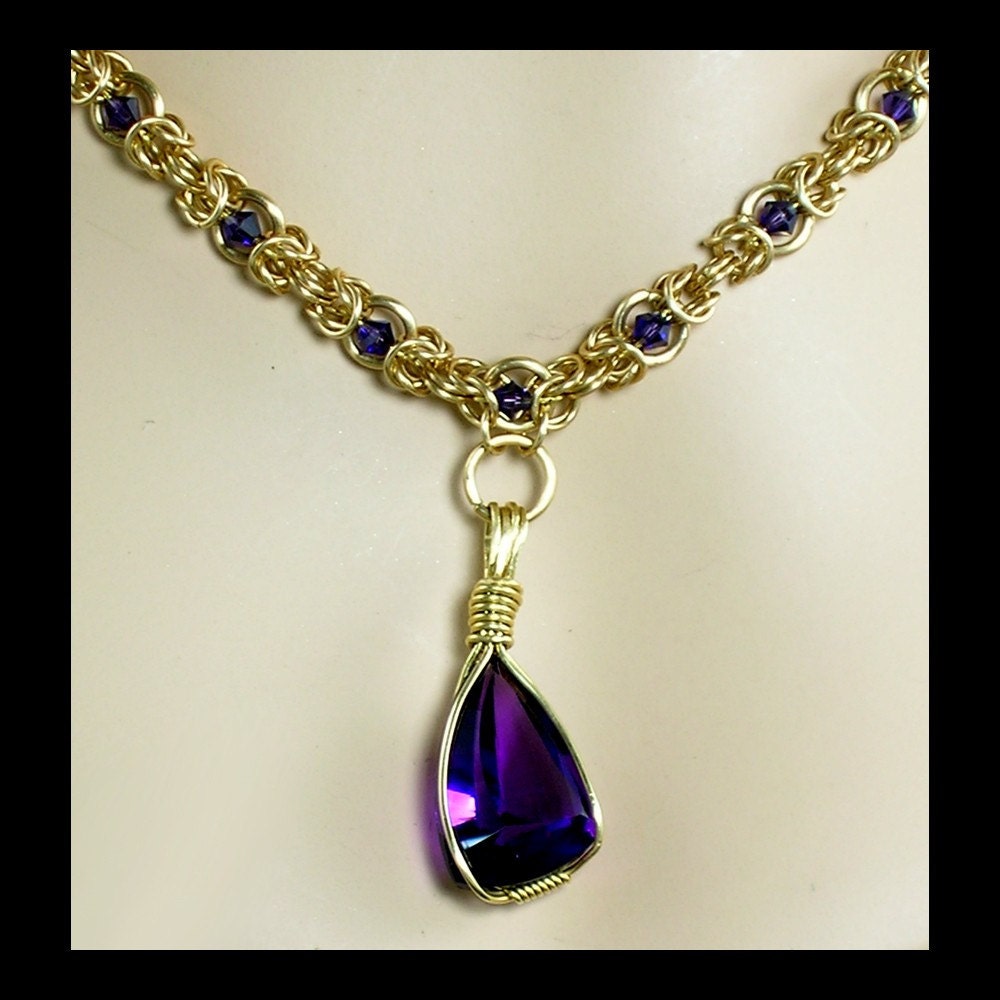 Chainmaille Necklace With Amethyst Wire Wrapped Pendant