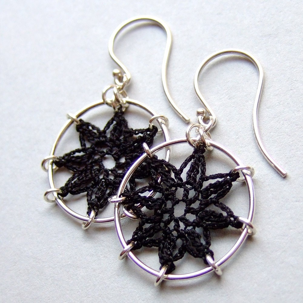 Compass Doily Earrings, black silk thread