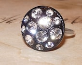 Rhinestone Black Button and Sterling Silver Ring
