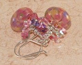 Pink Lampwork Earrings, Crystal, Swarovski, Cluster, Stacked, Sterling Silver, Handmade Jewelry