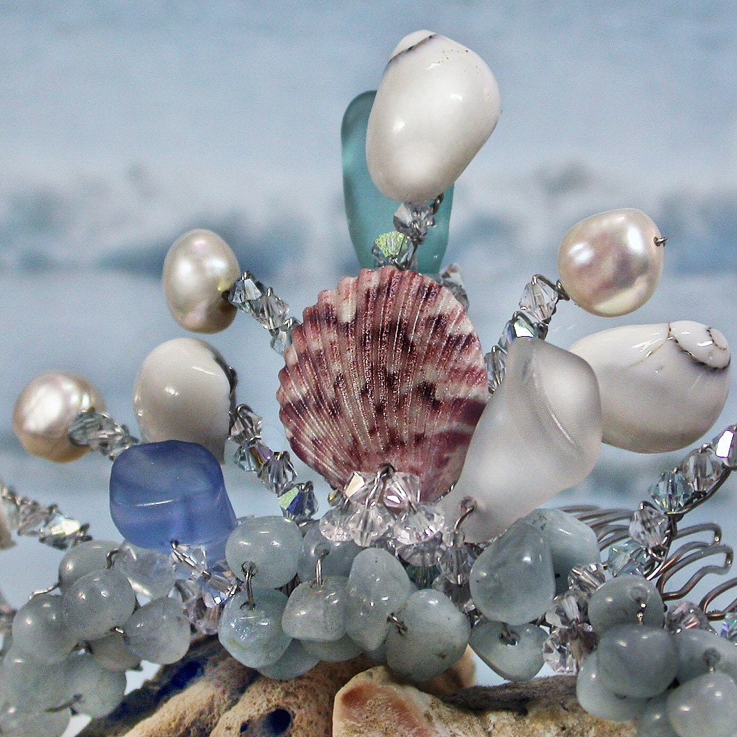Brides Tiara Comb Mermaid From the Deep Blue Sea featuring Seashell, Beachglass, Pearls and Gemstones