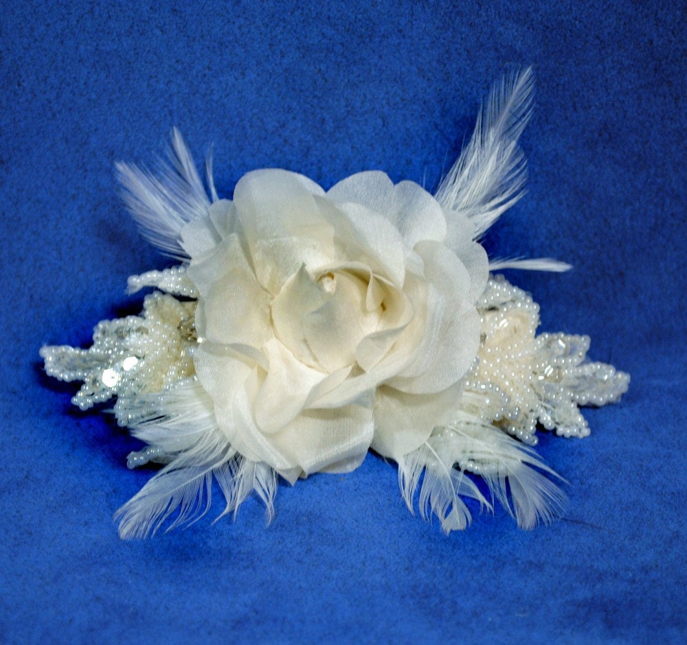 Headpiece Organza Rose  and Beaded  Leaves with Feathers Fascinator/Candlelight