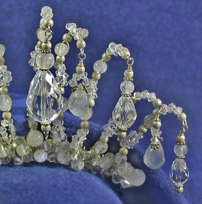 Bridal Tiara My Fair Audrey  Swarovski Crystal and Rainbow Moonstone Pear Drops