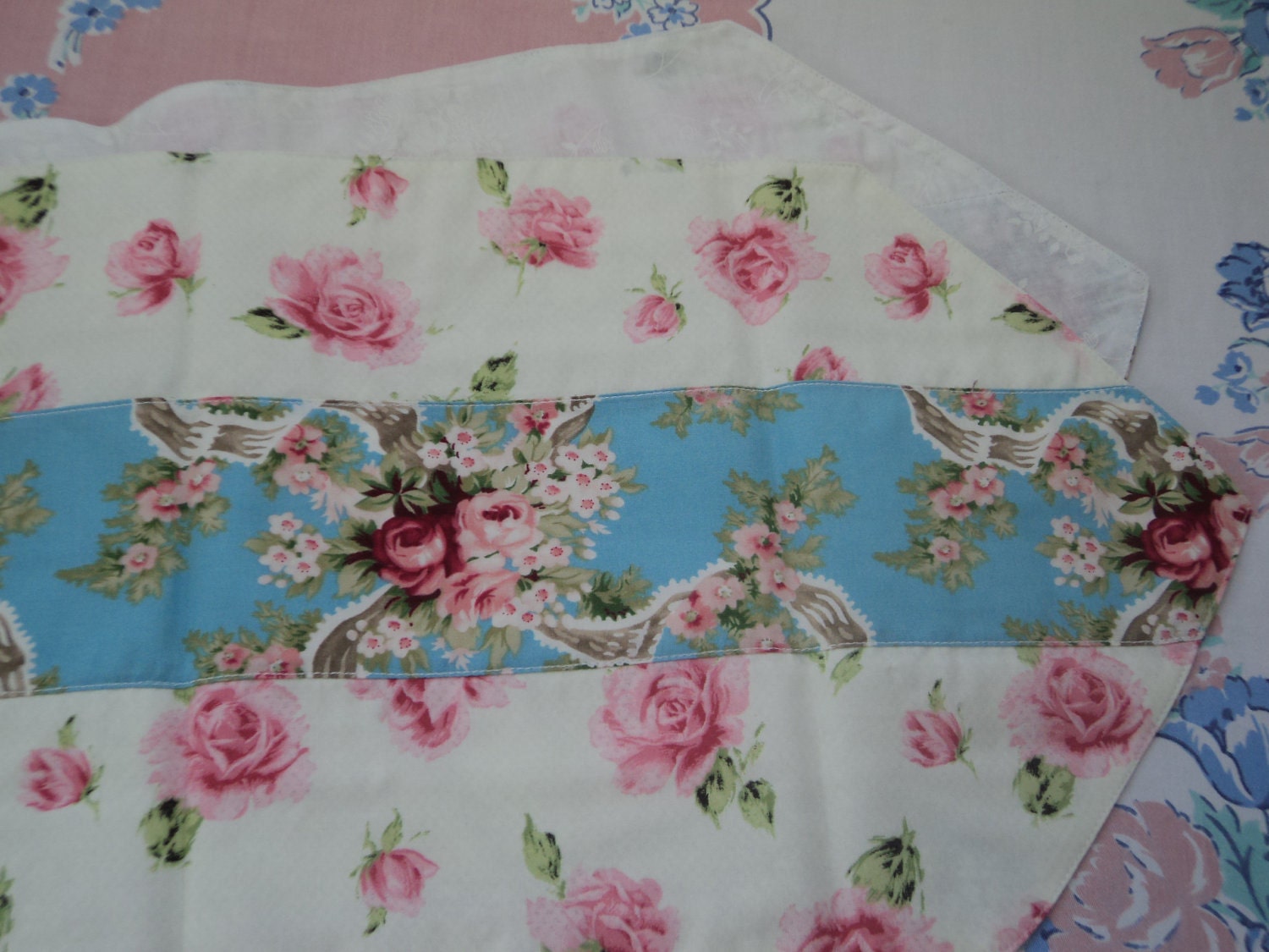 Aqua Blue Pink Rose Table Runner