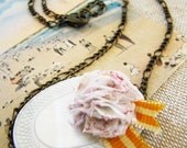 Antoinette . Fabric Flower, Mother of Pearl, and Striped Ribbon