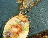 Dresden . Floral Glass Centerpiece, Brass Bird, and Vintage Chains