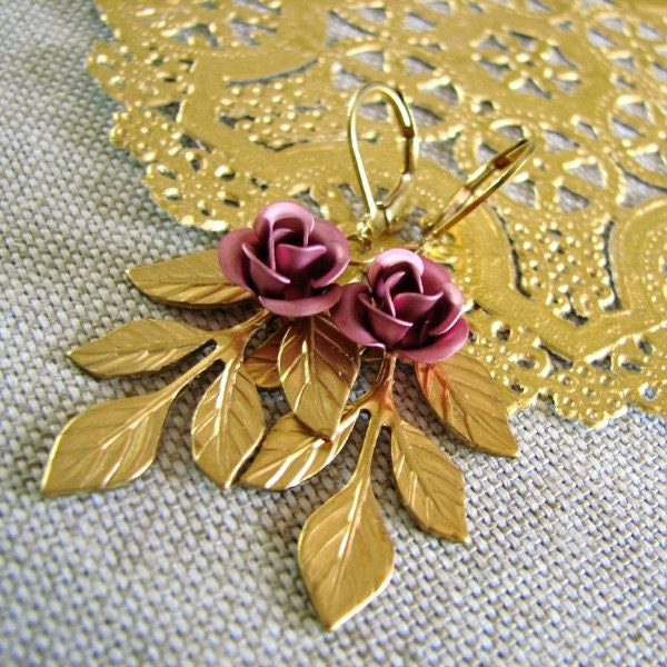 Jolie . Lilac Roses, Raw Brass, and Leverback Earwires