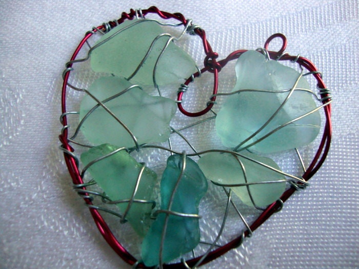 Sweet Red Heart Suncatcher Ornament with Aqua Seaglass