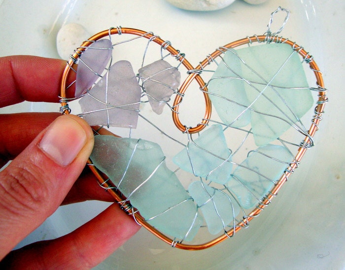 RESERVED FOR CATHY  Purple and Aqua Seaglass Heart Suncatcher