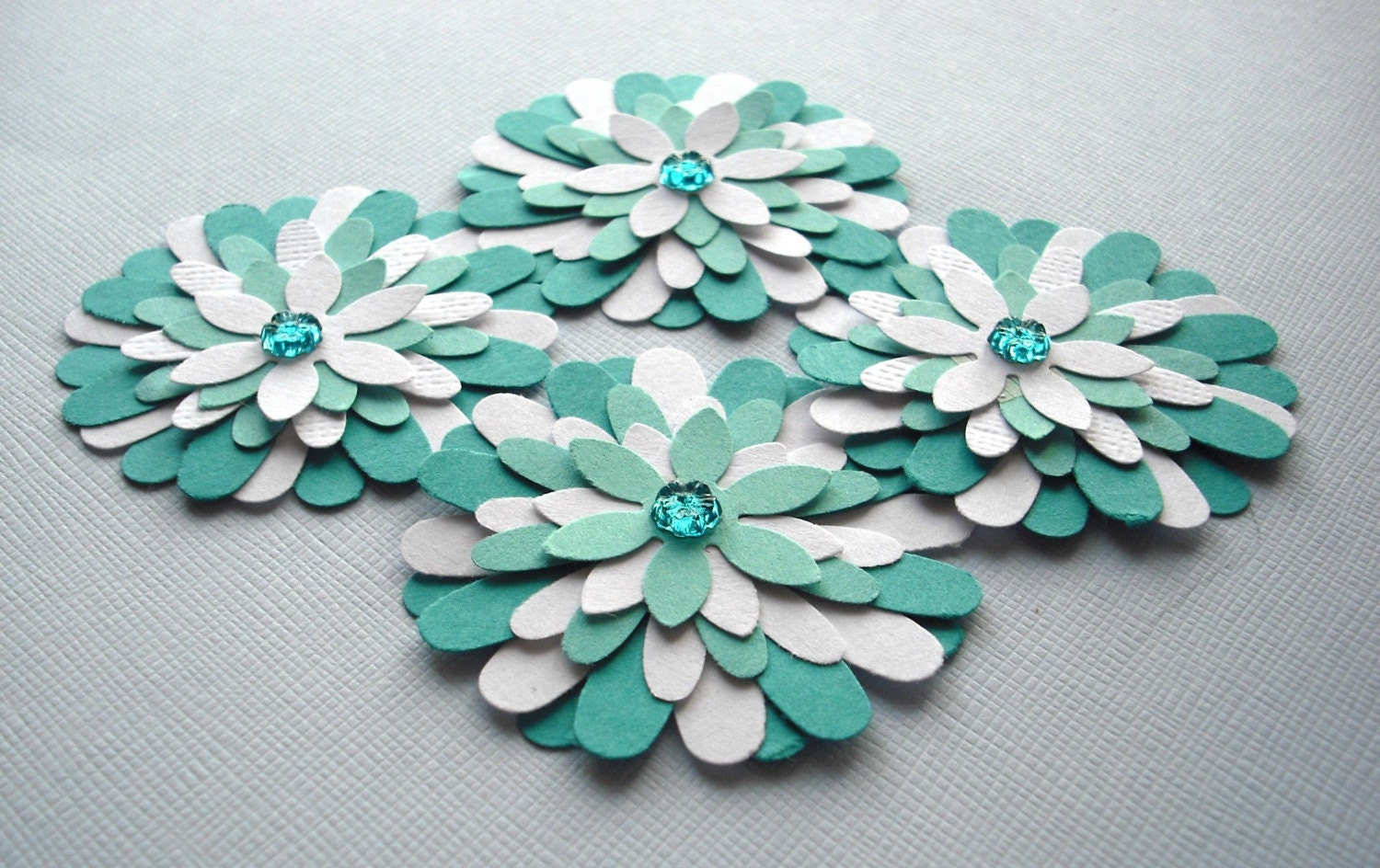 Teal Blue and White Flowers, Paper Flower Embellishments Set of Four (4)